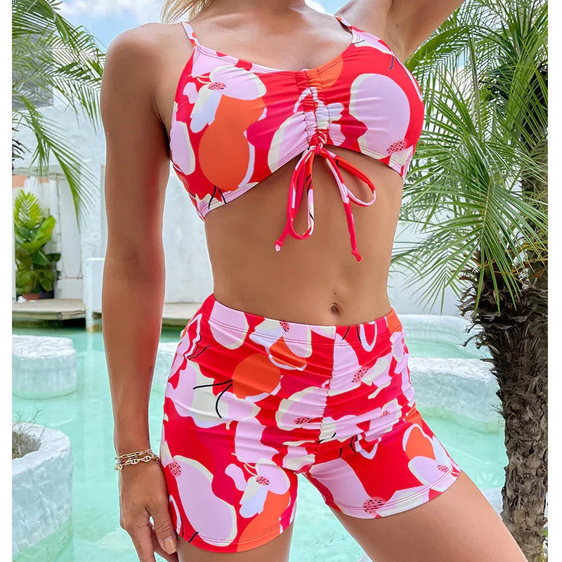 Printed Drawstring Shorts High Waist Bikini Swimsuit Swimwear - SandiFreckles Surf & Swimwear