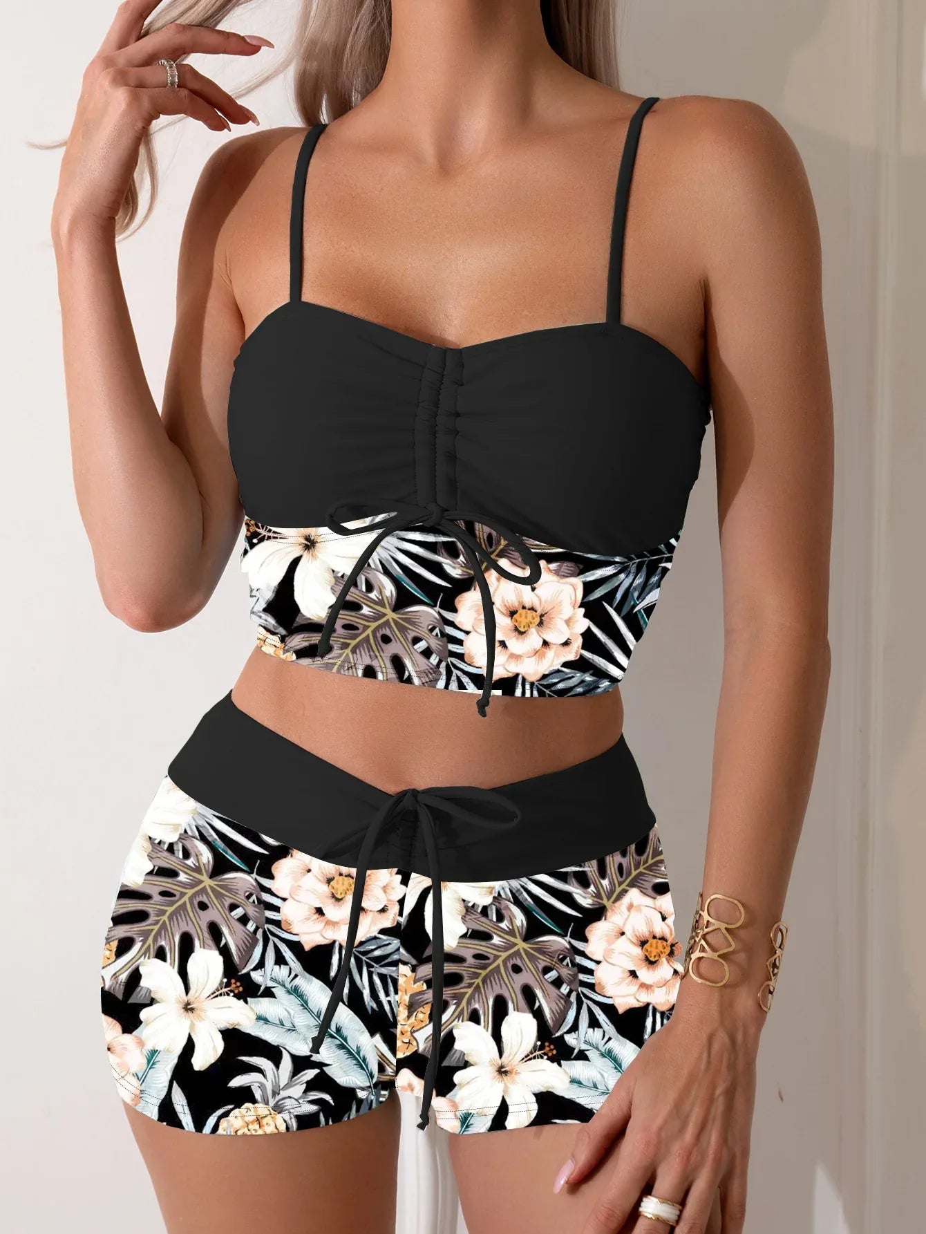 Fashion Printed Drawstring Bikini with Shorts - SandiFreckles Surf & Swimwear
