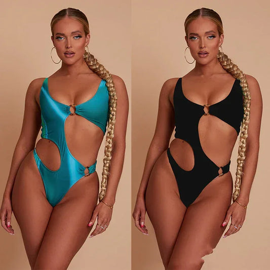 Stylish Backless One-Piece Swimsuit with Metal Ring Decoration - SandiFreckles Surf & Swimwear