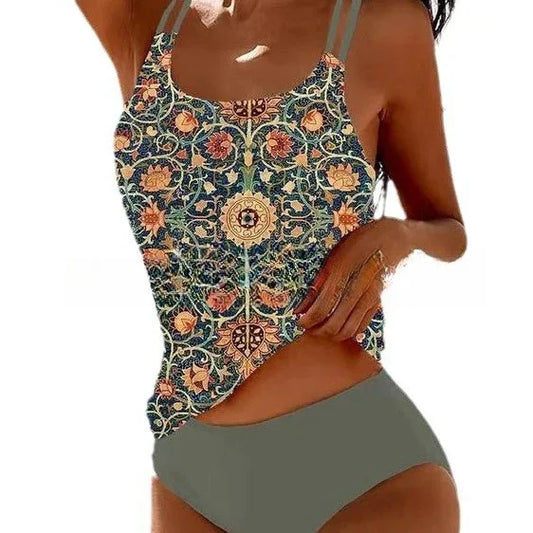 Retro Split High Waist Bikini Beach Print Strap Swimsuit - SandiFreckles Surf & Swimwear