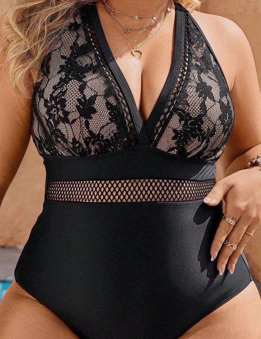 Black Lace Pattern One Piece Swimsuit - Plus Size - SandiFreckles Surf & Swimwear