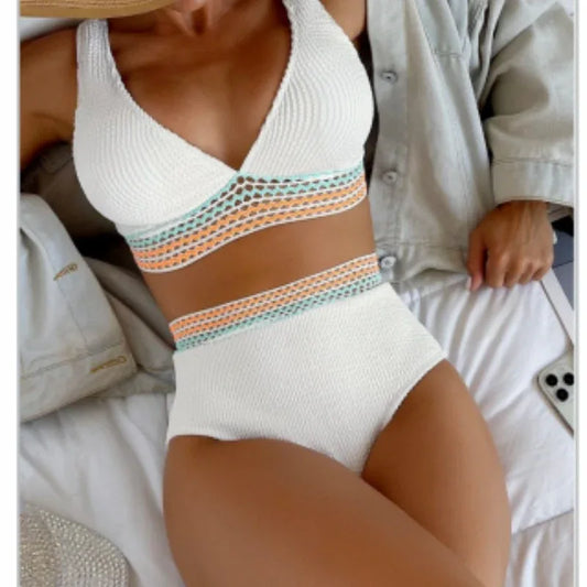 High Waist Split Bikini Solid Color - SandiFreckles Surf & Swimwear