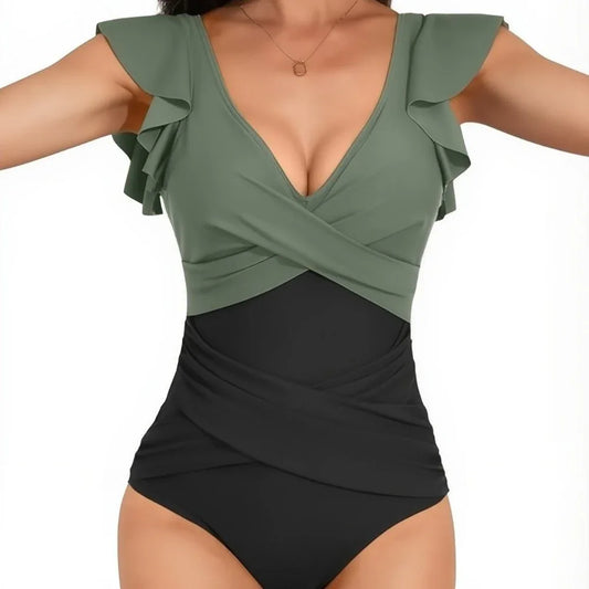 V-Neck Ruffle High Waist Backless One Piece - Feminine Flair - SandiFreckles Surf & Swimwear