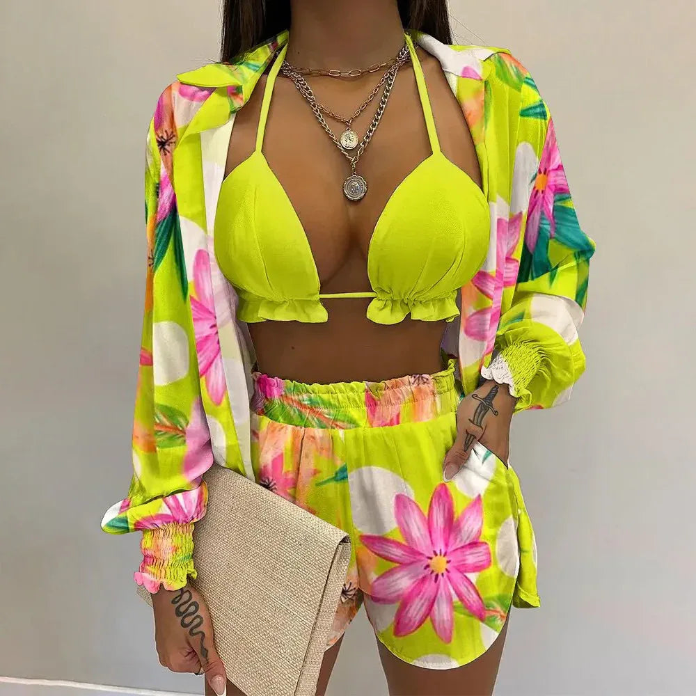 Women's Printed Beachwear Swimsuit Three Piece Set - SandiFreckles Surf & Swimwear
