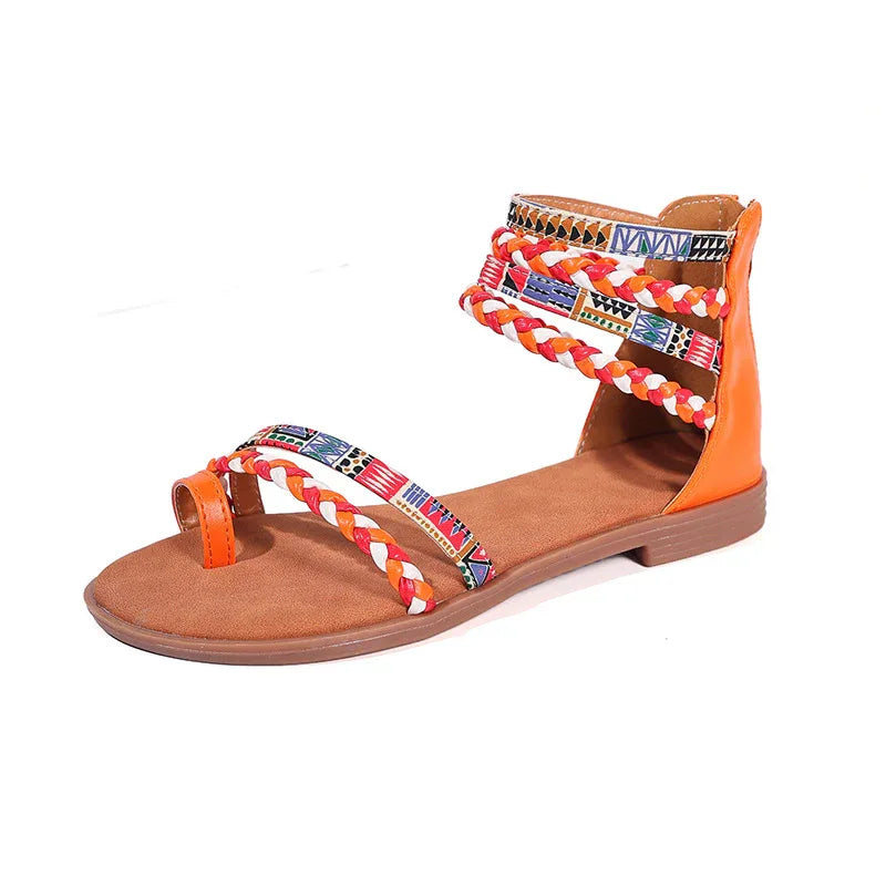 Women's Ethnic Style Flat Sandals - Colorful Weave Strap, Back Zipper - SandiFreckles Surf & Swimwear