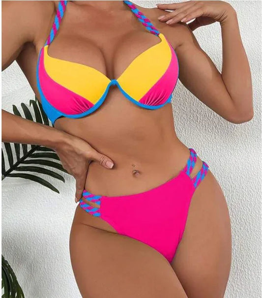 Women's Fashion Temperament Color Matching Triangle High Waist Bikini Swimsuit Two-piece - SandiFreckles Surf & Swimwear