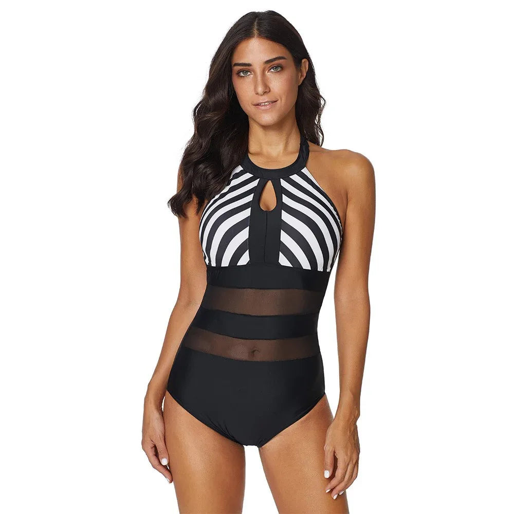 Backless Striped Stitching One Piece Swimsuit - Plus Size - SandiFreckles Surf & Swimwear