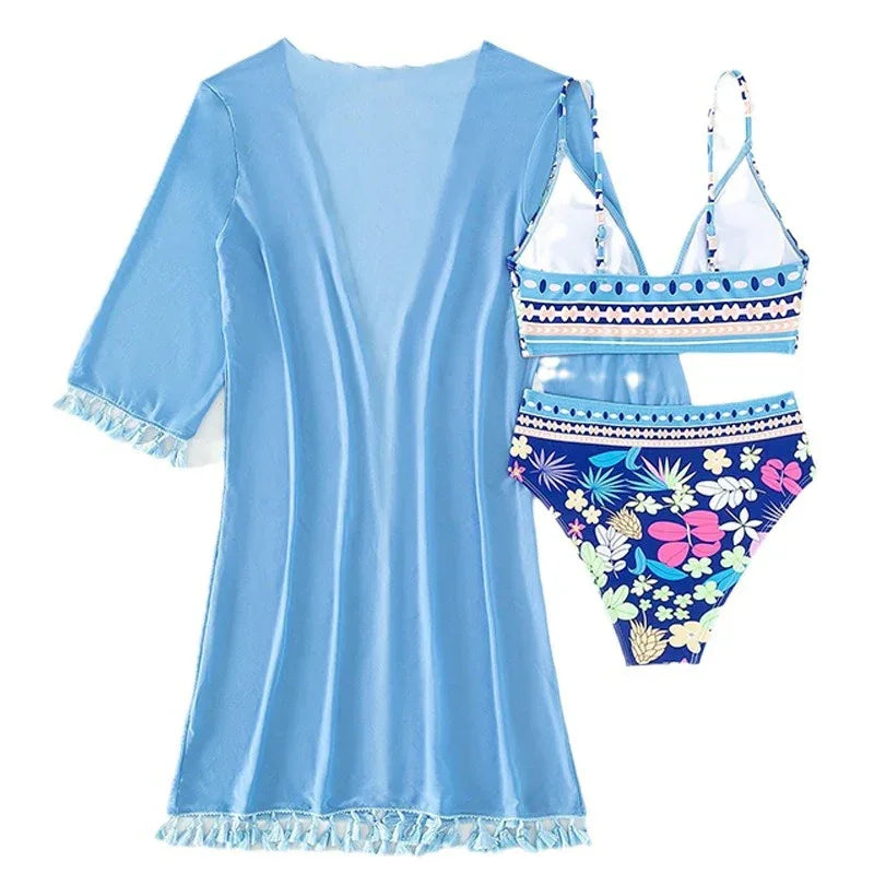 Printed Bikini Three-piece Swimsuit Mesh Sunscreen - SandiFreckles Surf & Swimwear