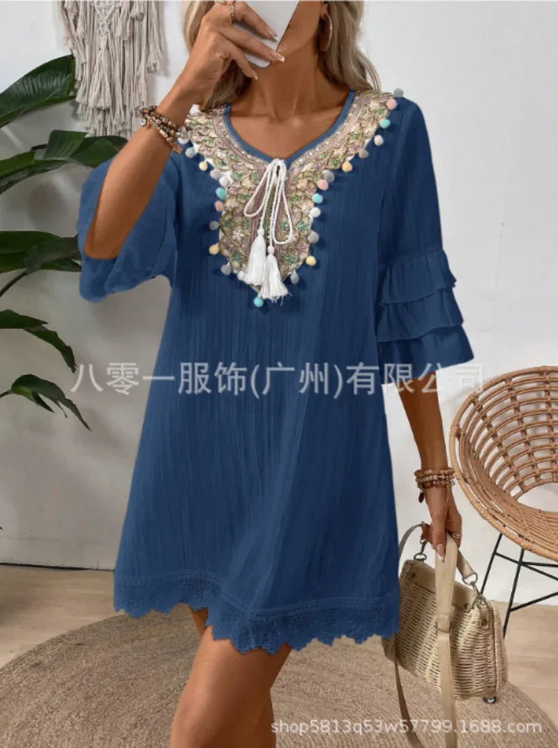 Women's Seaside Holiday Dress Bohemian Beach Dress Fairy Ethnic Style Embroidered Lantern Sleeve Style Long Swing Skirt - SandiFreckles Surf & Swimwear