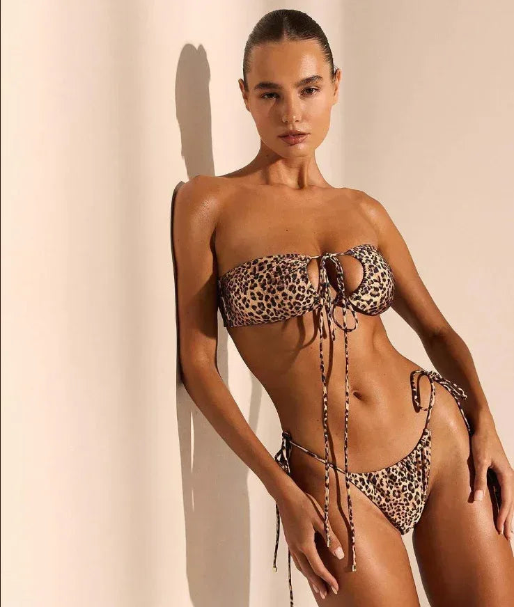 Leopard Print Three-Point String Bikini - Drawstring - SandiFreckles Surf & Swimwear