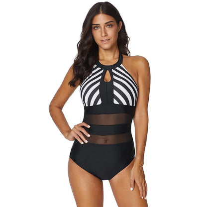 Backless Striped Stitching One Piece Swimsuit - Plus Size - SandiFreckles Surf & Swimwear