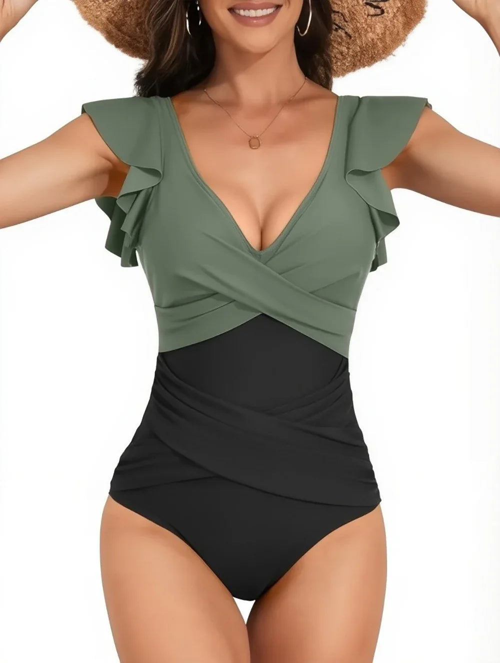 V-Neck Ruffle High Waist Backless One Piece - Feminine Flair - SandiFreckles Surf & Swimwear