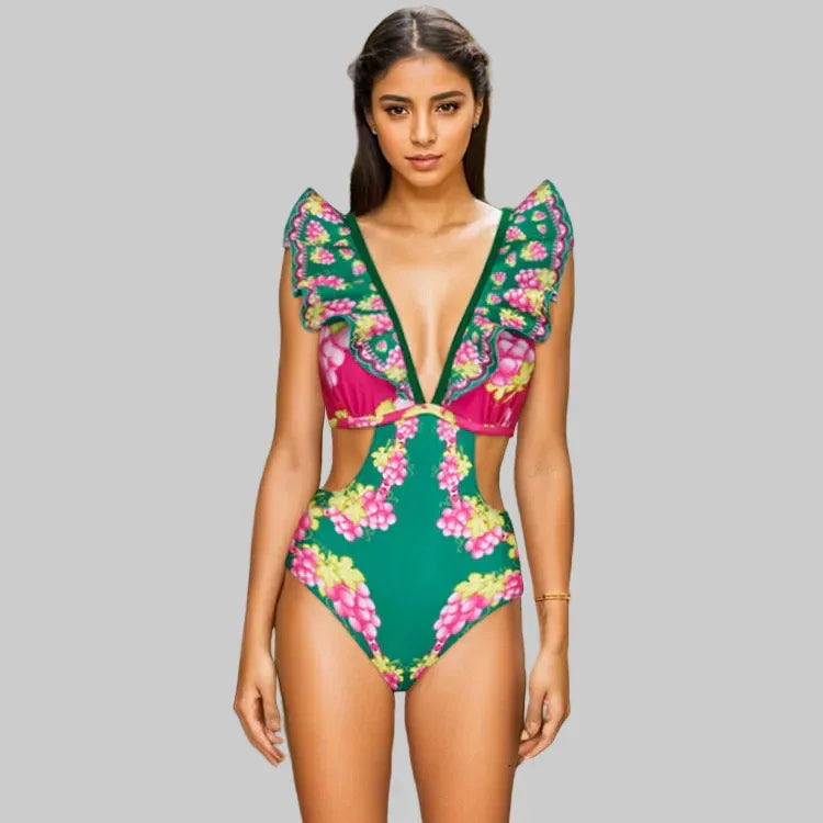 Women's Deep V-long Sleeved Retro Printed One Piece Swimsuit - SandiFreckles Surf & Swimwear
