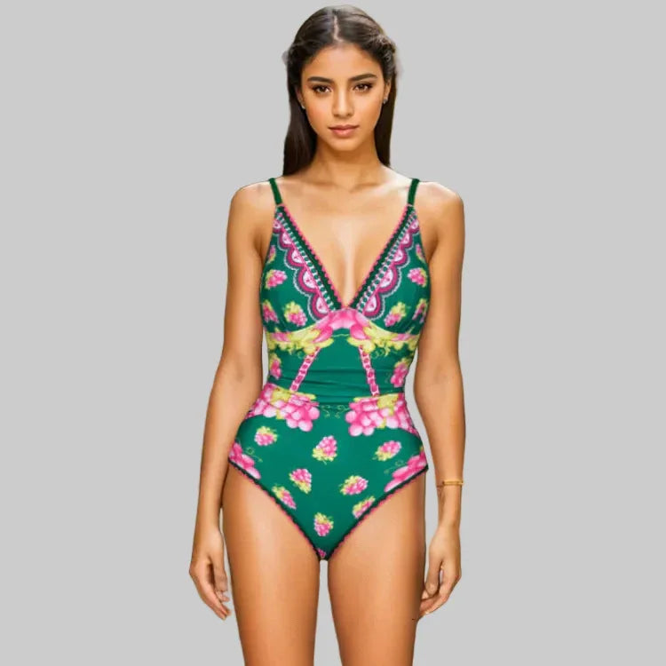 Women's Deep V-long Sleeved Retro Printed One Piece Swimsuit - SandiFreckles Surf & Swimwear