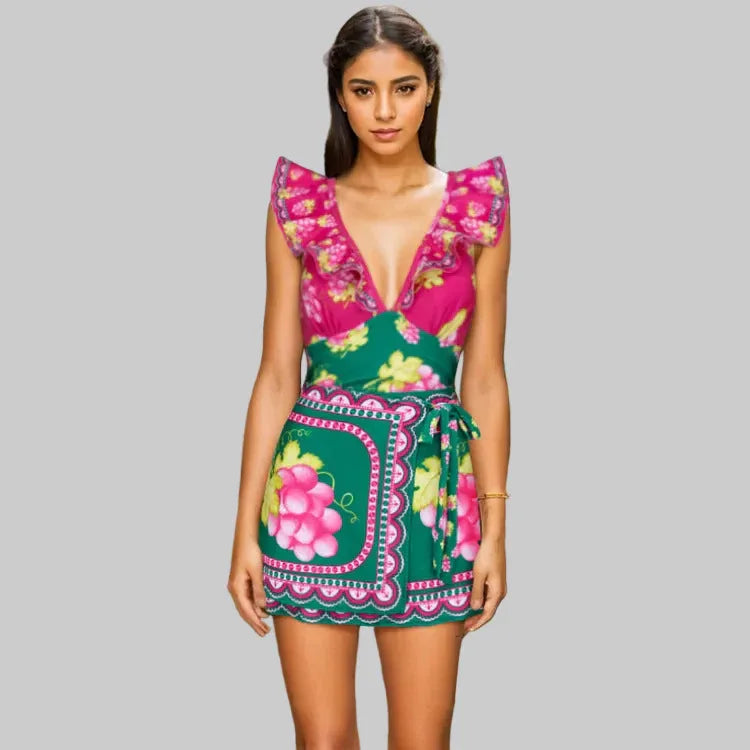 Women's Deep V-long Sleeved Retro Printed One Piece Swimsuit - SandiFreckles Surf & Swimwear