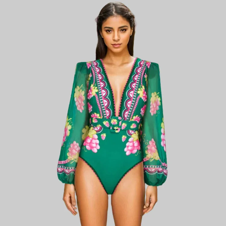 Women's Deep V-long Sleeved Retro Printed One Piece Swimsuit - SandiFreckles Surf & Swimwear