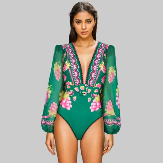 Women's Deep V-long Sleeved Retro Printed One Piece Swimsuit - SandiFreckles Surf & Swimwear