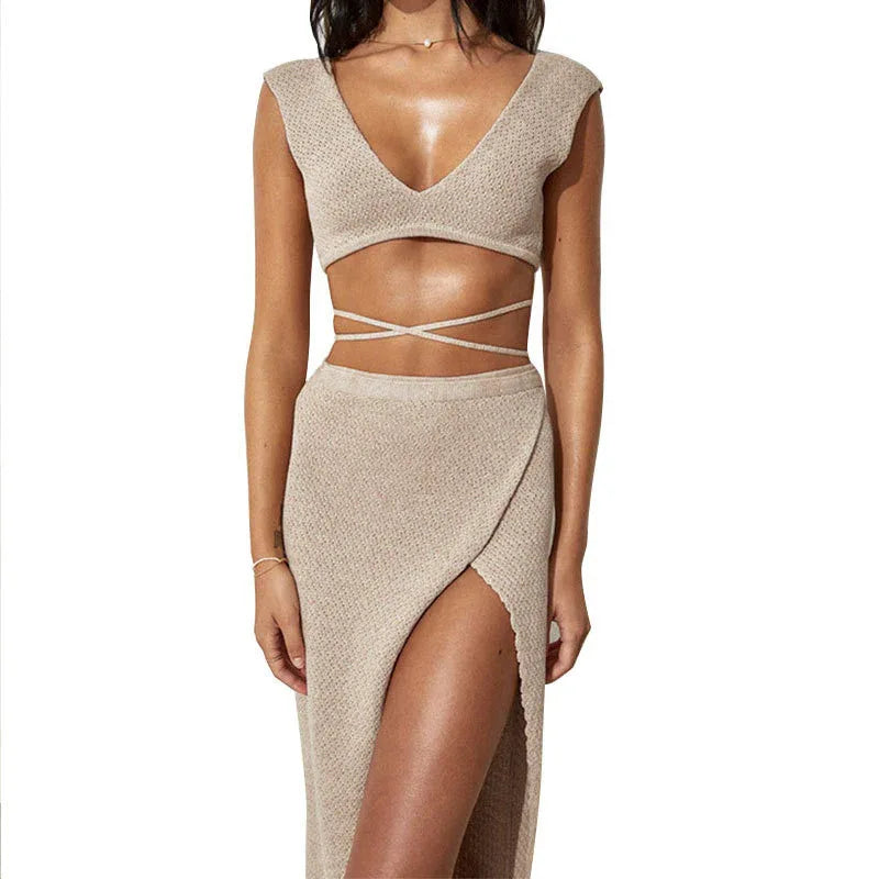 Hollow-Out Lace-Up Beach Blouse - Two-Piece Bikini - SandiFreckles Surf & Swimwear