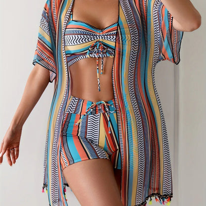 Womens Three-piece Striped Bikini Swimsuit Set - SandiFreckles Surf & Swimwear