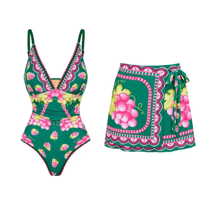 Women's Deep V-long Sleeved Retro Printed One Piece Swimsuit - SandiFreckles Surf & Swimwear