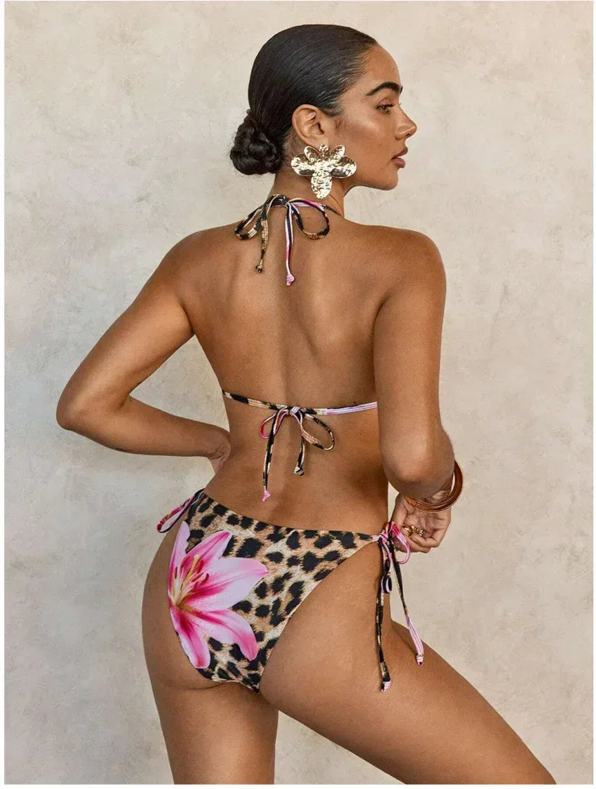 Pink Leopard Print String Bikini - Lace-Up Style - SandiFreckles Surf & Swimwear