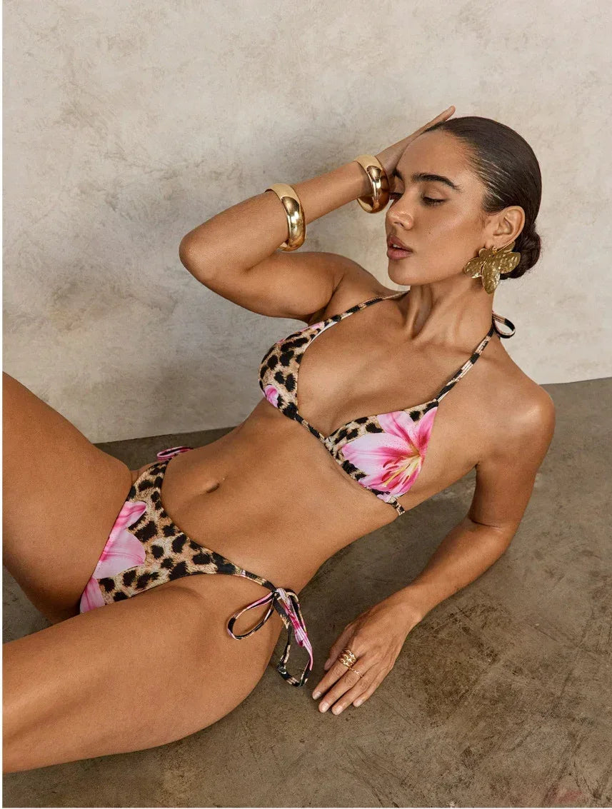 Pink Leopard Print String Bikini - Lace-Up Style - SandiFreckles Surf & Swimwear