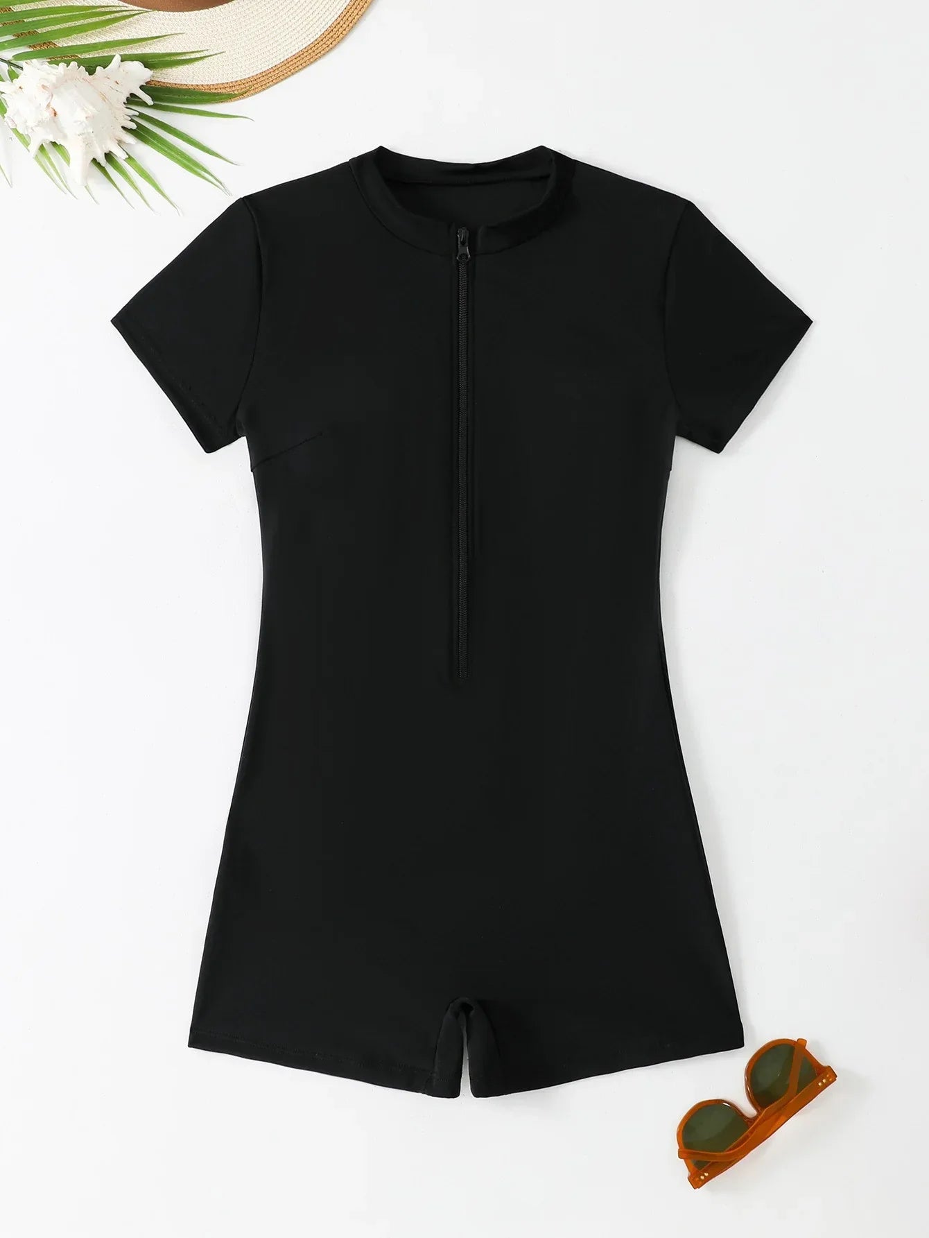 Solid Color Zipper One-pieces Short Sleeve Beach Sports Swimwear - SandiFreckles Surf & Swimwear