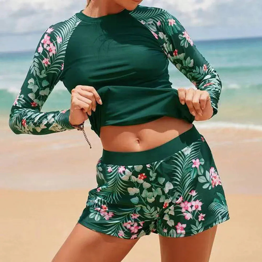 Women's Long Sleeve Digital Print Conservative Ladies Separate Bikini Swimwear - SandiFreckles Surf & Swimwear