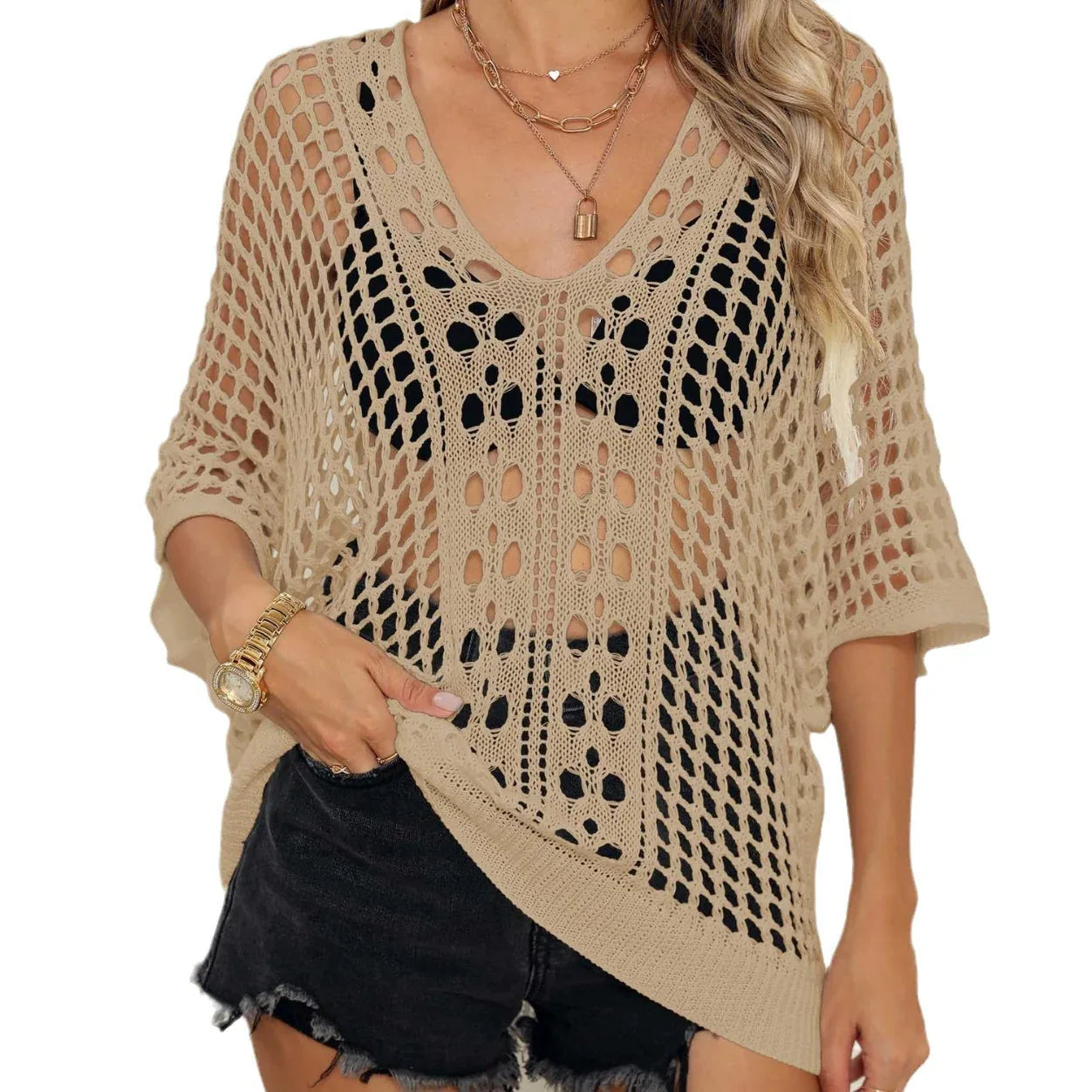 Cutout Woven Batwing Sleeve Cover Up - Sexy Casual Top - SandiFreckles Surf & Swimwear