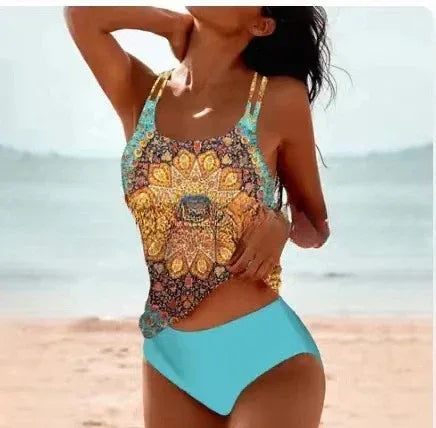 Retro Split High Waist Bikini Beach Print Strap Swimsuit - SandiFreckles Surf & Swimwear