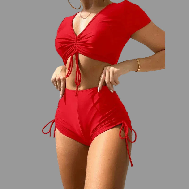 Swimsuit Women's Solid Color Sexy Short Sleeve Swimwear - SandiFreckles Surf & Swimwear