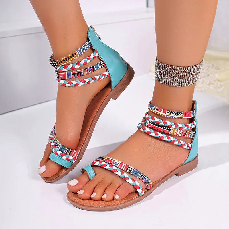 Women's Ethnic Style Flat Sandals - Colorful Weave Strap, Back Zipper - SandiFreckles Surf & Swimwear