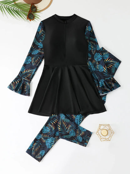 Long Sleeve Plus Size Surfing Swimsuit - Split Trousers - SandiFreckles Surf & Swimwear