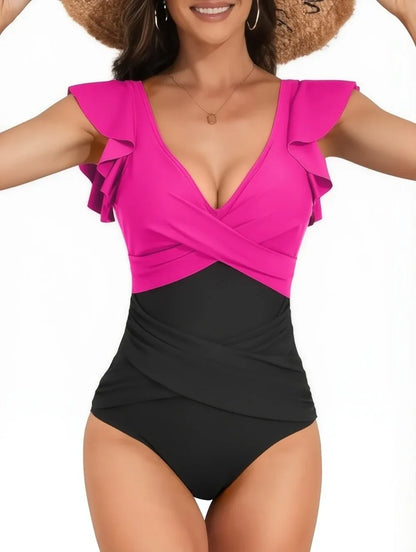 V-Neck Ruffle High Waist Backless One Piece - Feminine Flair - SandiFreckles Surf & Swimwear