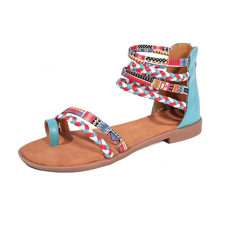 Women's Ethnic Style Flat Sandals - Colorful Weave Strap, Back Zipper - SandiFreckles Surf & Swimwear