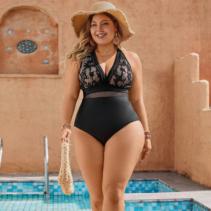 Black Lace Pattern One Piece Swimsuit - Plus Size - SandiFreckles Surf & Swimwear