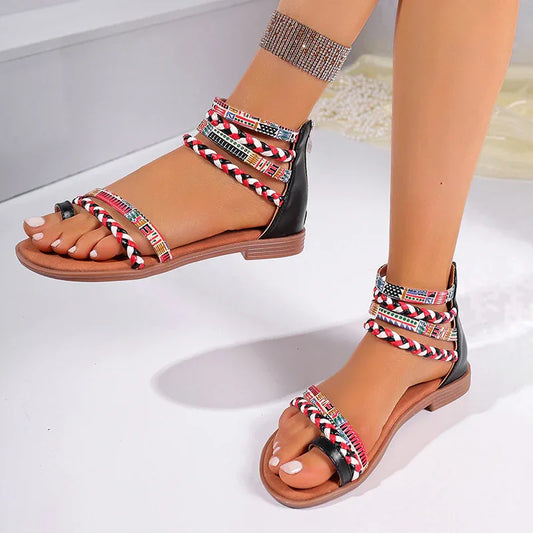 Women's Ethnic Style Flat Sandals - Colorful Weave Strap, Back Zipper - SandiFreckles Surf & Swimwear