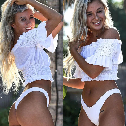 Beach Bikini Slubbed Fabric Vacation Off-shoulder Swimsuit Tops - SandiFreckles Surf & Swimwear