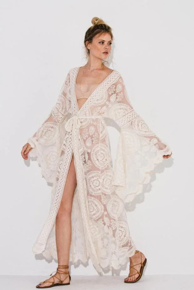 Bell Sleeve Mid-length Lace Shirt Bikini Swimsuit Outwear Blouse Beachwear - SandiFreckles Surf & Swimwear