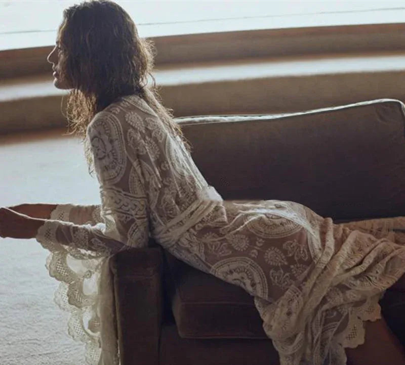 Bell Sleeve Mid-length Lace Shirt Bikini Swimsuit Outwear Blouse Beachwear - SandiFreckles Surf & Swimwear