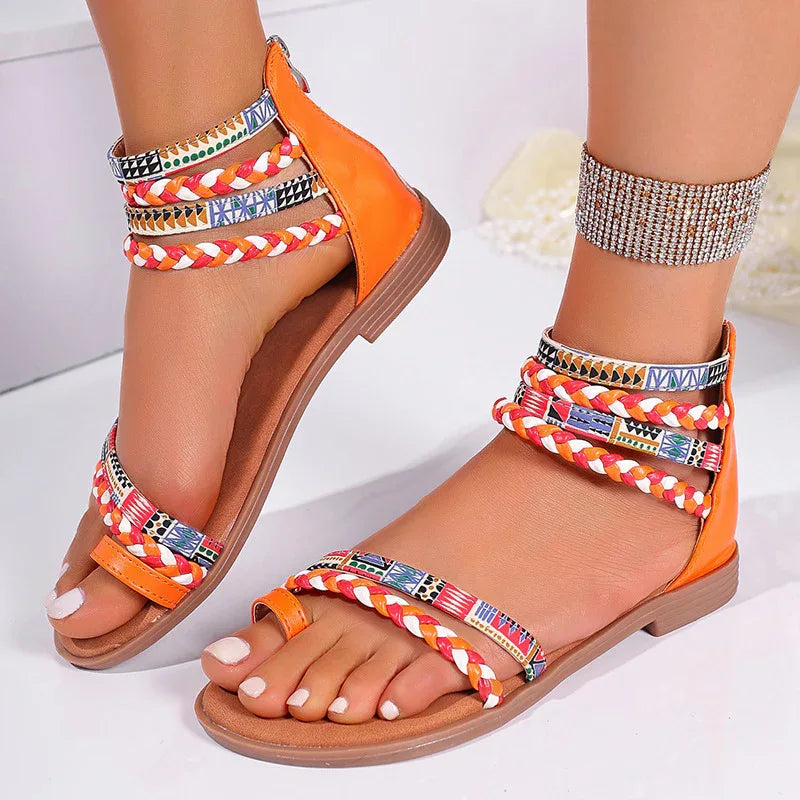 Women's Ethnic Style Flat Sandals - Colorful Weave Strap, Back Zipper - SandiFreckles Surf & Swimwear