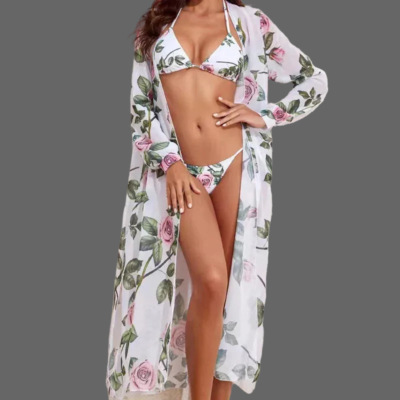 Printed Beach Sun Protection Bikini Three-Piece - European Style - SandiFreckles Surf & Swimwear