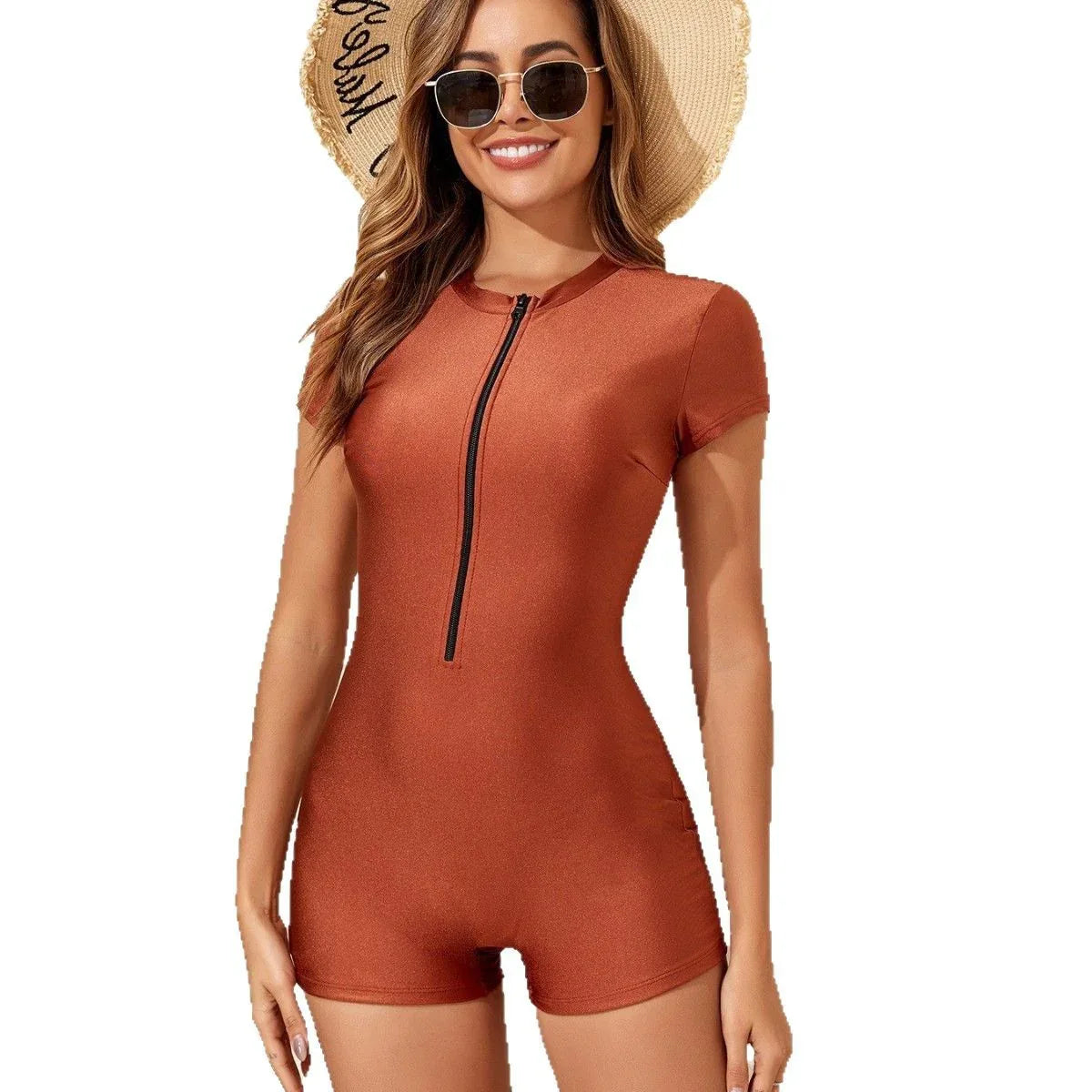 Solid Color Zipper One-pieces Short Sleeve Beach Sports Swimwear - SandiFreckles Surf & Swimwear