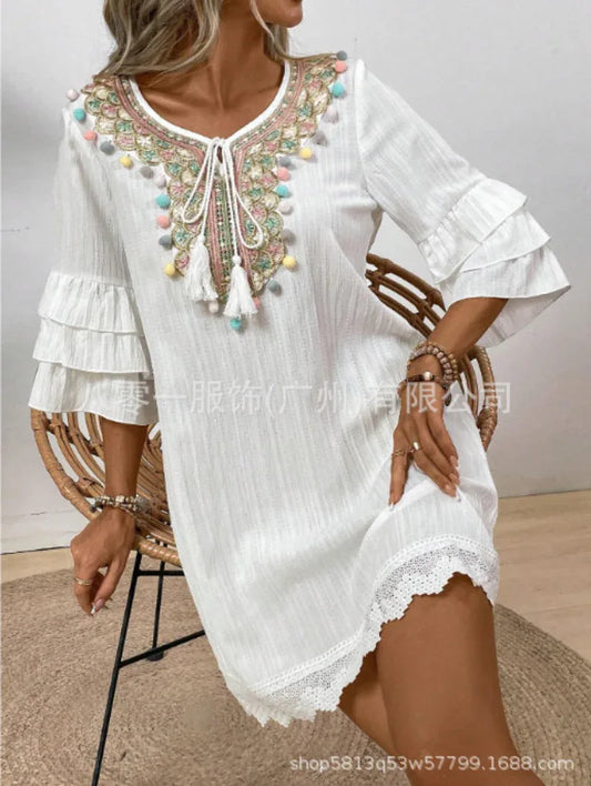 Women's Seaside Holiday Dress Bohemian Beach Dress Fairy Ethnic Style Embroidered Lantern Sleeve Style Long Swing Skirt - SandiFreckles Surf & Swimwear
