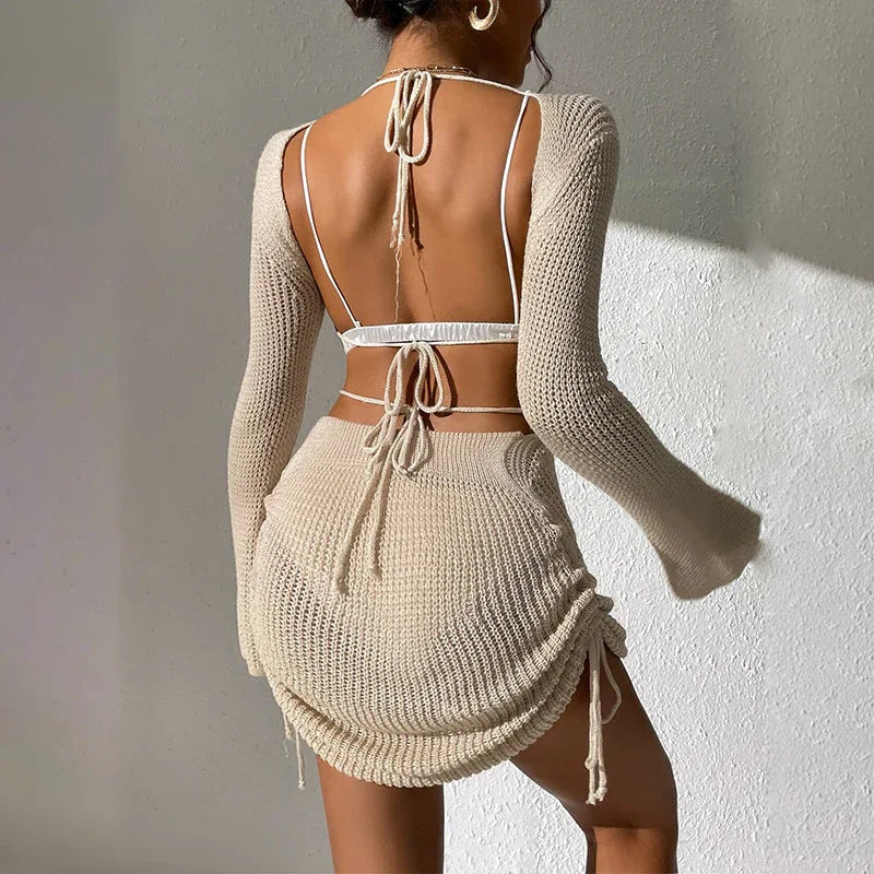 Solid Colour Knitted Hollow Beach Dress - Drawstring Bikini Cover - SandiFreckles Surf & Swimwear
