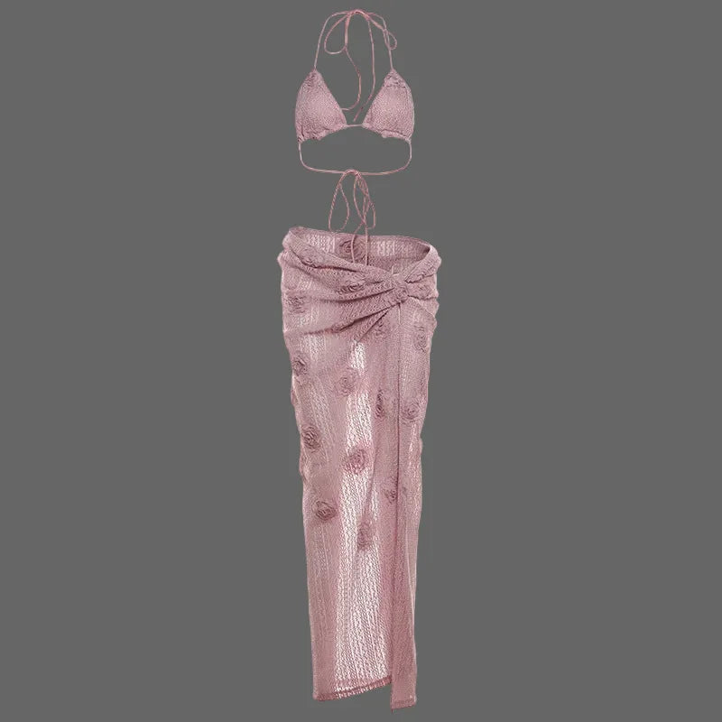 Halter Bikini High Slit Three-Piece Set - Sexy Style - SandiFreckles Surf & Swimwear