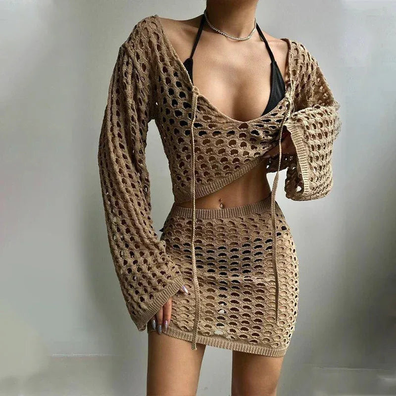 Solid Colour Stand-Up Collar Knitted Bikini Blouse - SandiFreckles Surf & Swimwear