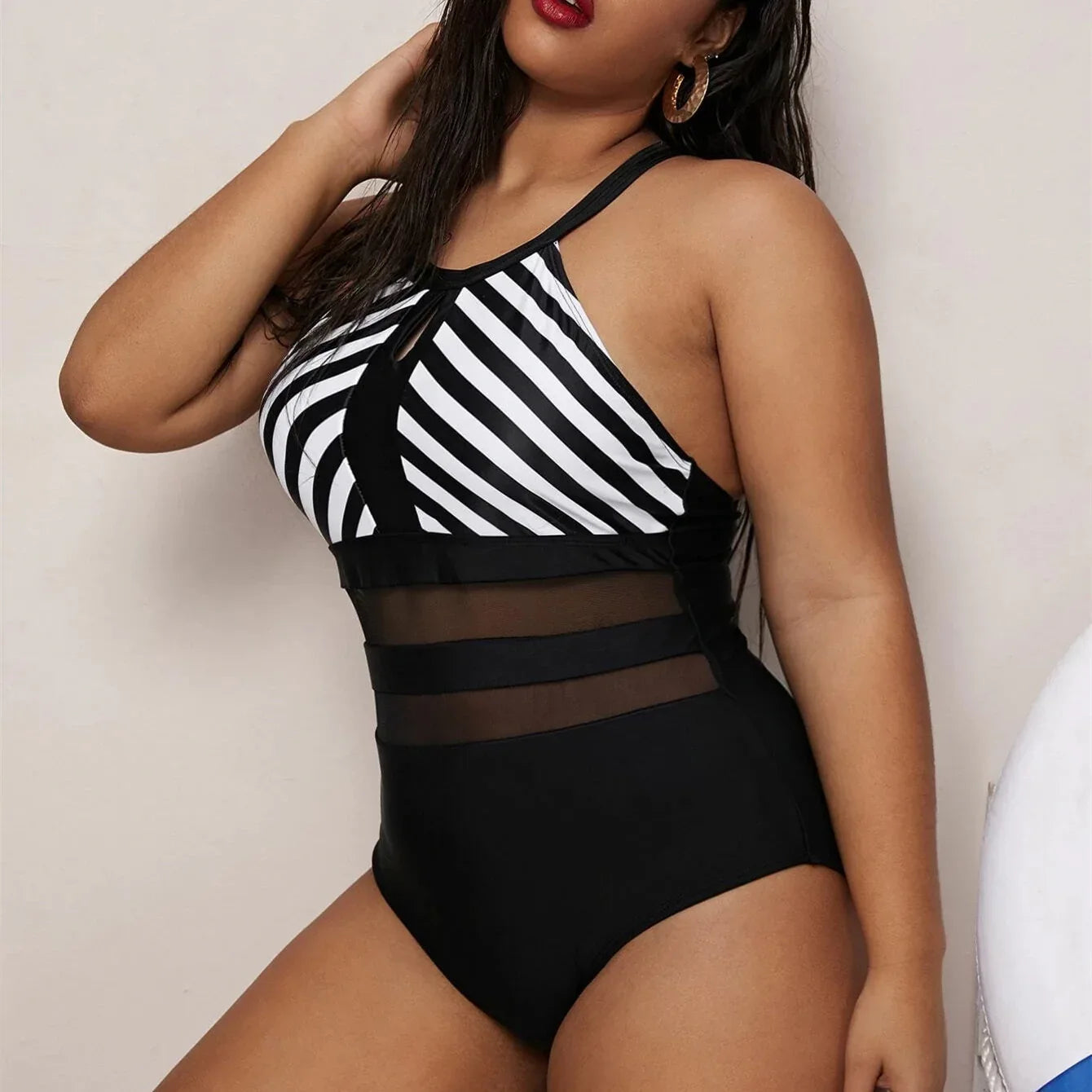 Backless Striped Stitching One Piece Swimsuit - Plus Size - SandiFreckles Surf & Swimwear