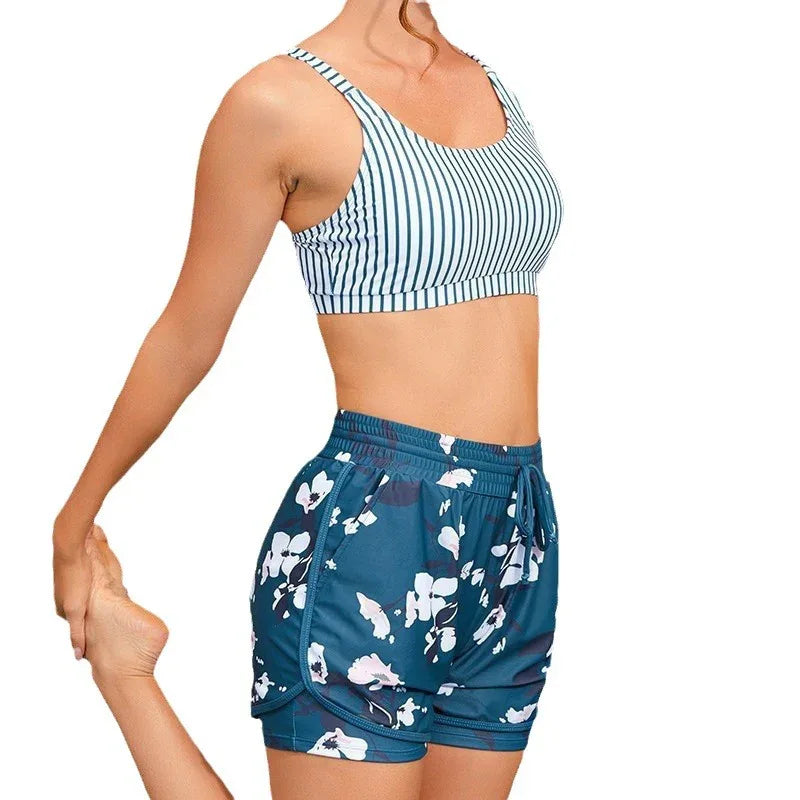 Striped Printed Strap Bikini with Shorts - Women's Swimsuit - SandiFreckles Surf & Swimwear