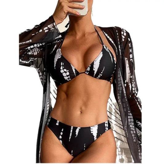 Mesh Long Sleeve Sun-Proof Bikini Three-Piece - European Style - SandiFreckles Surf & Swimwear